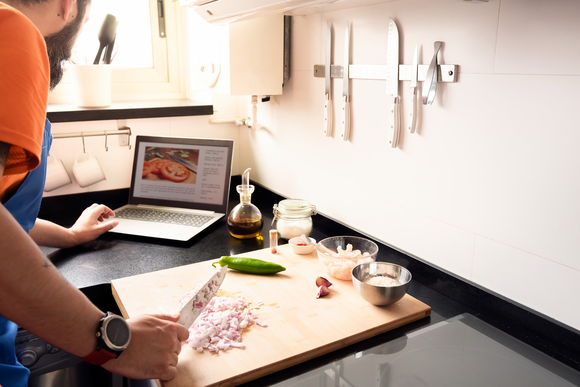 Small studio kitchen with tools and produce